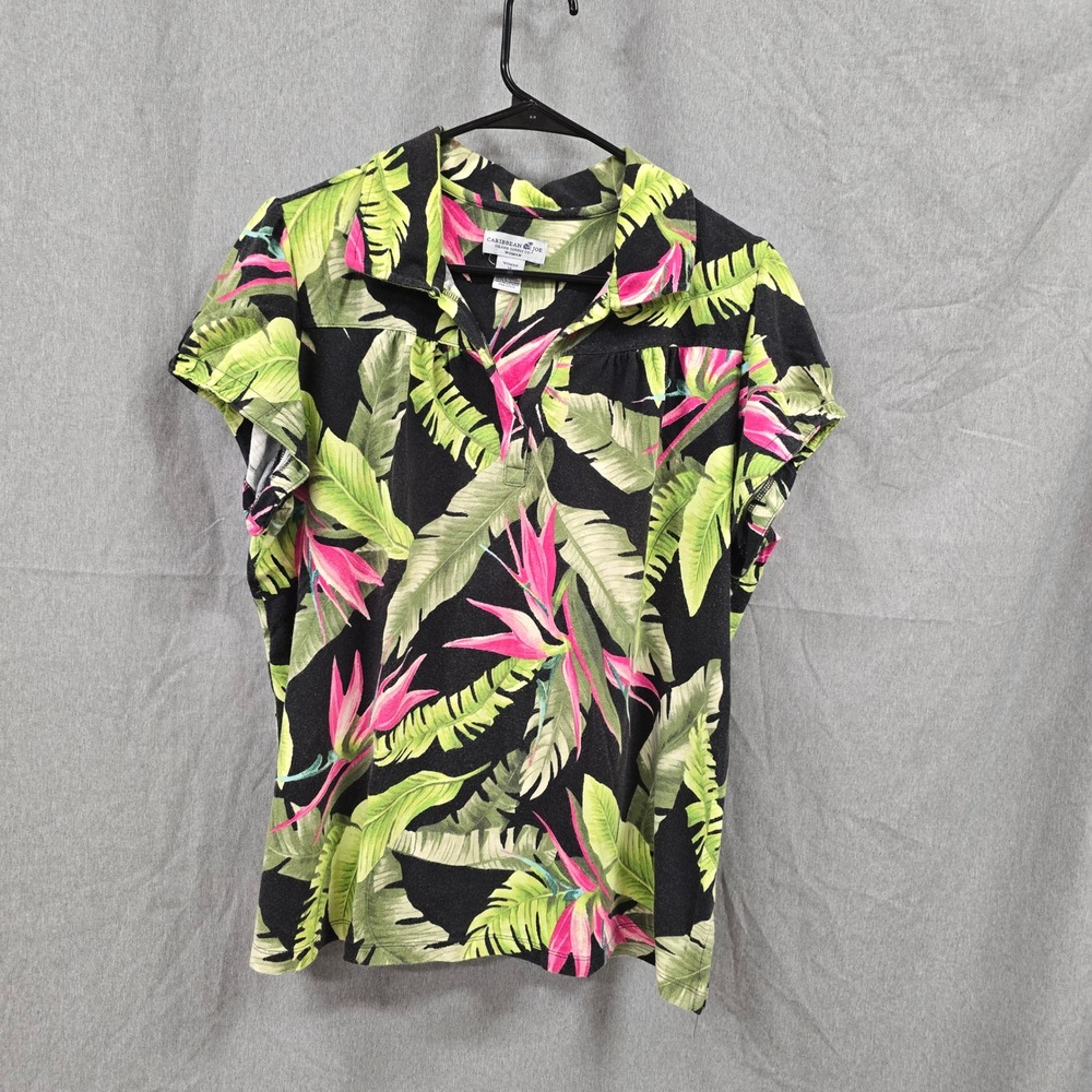Caribbean Joe Woman 1X Tropical Floral Polo Shirt Black Pink Bird of Paradise